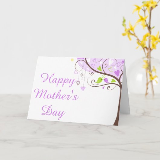 Paarse en groene bloemenvogel Moederdag Kaart (Gele Bloem)