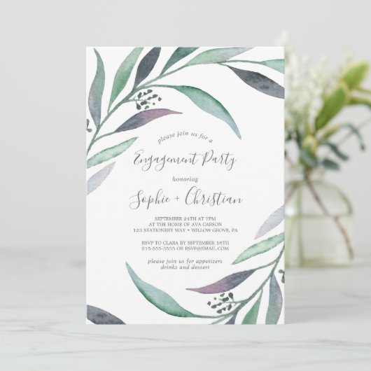 Paarse en groene Eucalyptus Engagement Party Kaart (Staand voorkant)