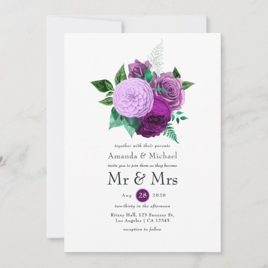 Paarse en groene Floral Wedding Kaart (Voorkant)