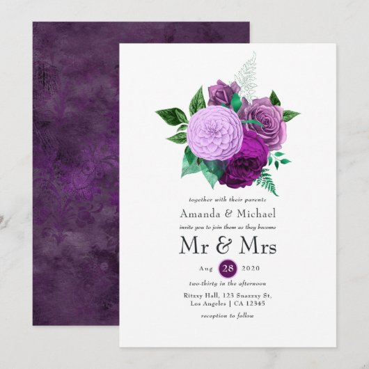 Paarse en groene Floral Wedding Kaart (Voorkant / Achterkant)