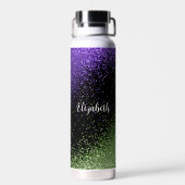 Paarse en groene glitter op zwart waterfles (Achterkant)