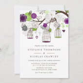 Paarse en groene hangende vogelkooien bruiloft kaart (Voorkant)