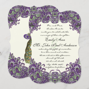 Paarse en Groene Peacock Ivory Wedding Invitation Kaart