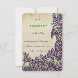 Paarse en groene Peacock Paisley Wedding RSVP Kaartje