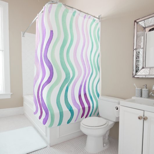 Paarse en groene waterverf douchegordijn (In situ)