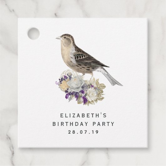 Paarse en Ivoor Bloemen Vogeldamast Bedankjes Labels (Voorkant)