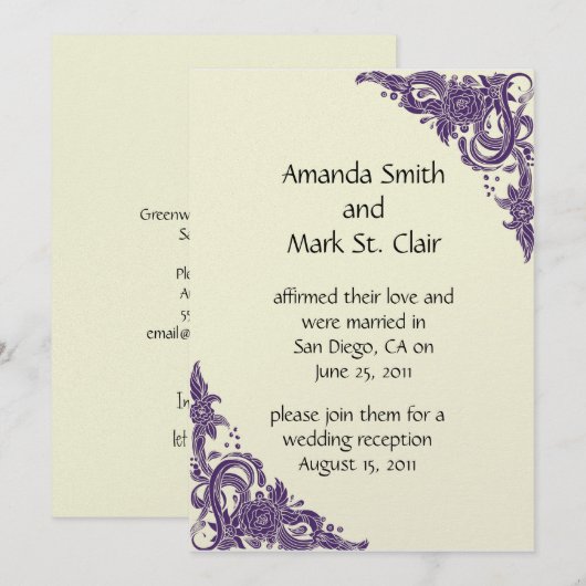 Paarse en ivoorkleurige trouwreceptie uitnodiging (Voorkant / Achterkant)