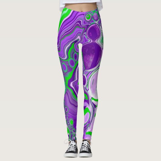 Paarse en kalkgroene marmer-fluid-kunst leggings (Voorkant)