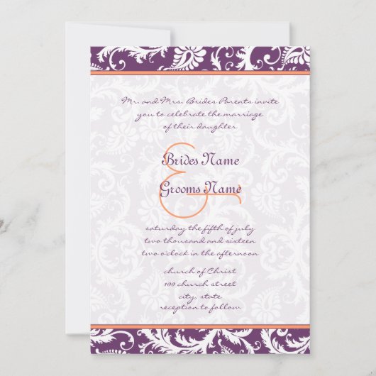 Paarse en Koraalridperbruiloft Kaart (Voorkant)