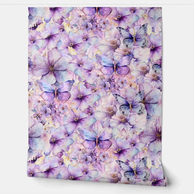 Paarse en lavendelbloemen en vlinders behang (Afrollen)