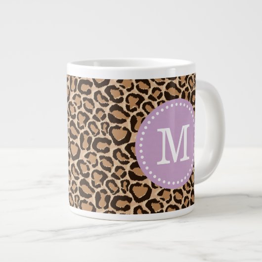 Paarse en Leopard Print Custom Monogram Extra Grote Mok (Voorkant rechts)