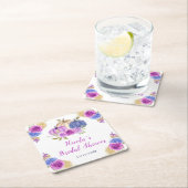 Paarse en marineblauwe bloemige pompoenen bruidsdo vierkante kartonnen onderzetter (Insitu)