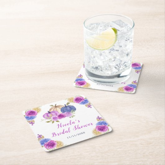 Paarse en marineblauwe bloemige pompoenen bruidsdo vierkante kartonnen onderzetter (Insitu)