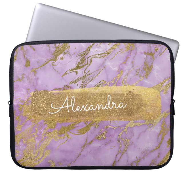 Paarse en marmeren met goudfolie en glitter laptop sleeve (Voorkant)