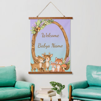 Paarse en mintgroene bosdieren wandtapijt hangend wandkleed