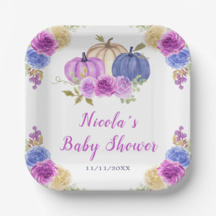 Paarse en Navy Blue Floral Pumpkins Baby shower Papieren Bordje