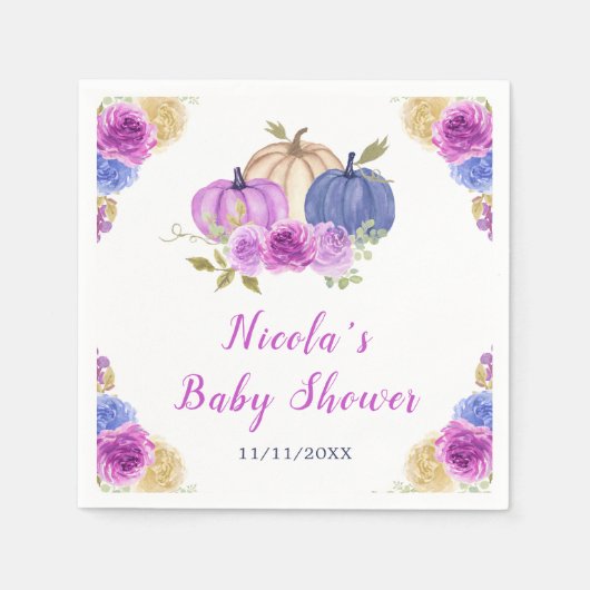 Paarse en Navy Blue Floral Pumpkins Baby shower Servet (Voorkant)