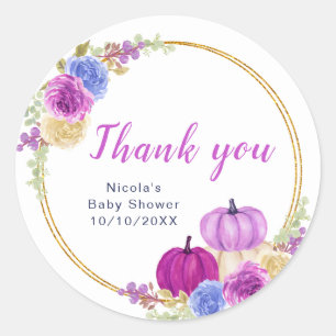 Paarse en Navy pompoenen Baby shower Dank u Ronde Sticker