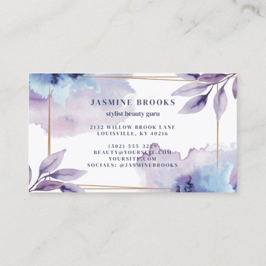 Paarse en Navy Waterverf Botanische Bladeren Visitekaartje (Achterkant)