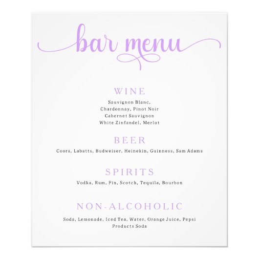 Paarse en Off White Wedding Bar Menu Poster (Voorkant)