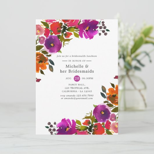 Paarse en Oranje Bloemen Bruidsmeisjes Luncheon Kaart (Staand voorkant)