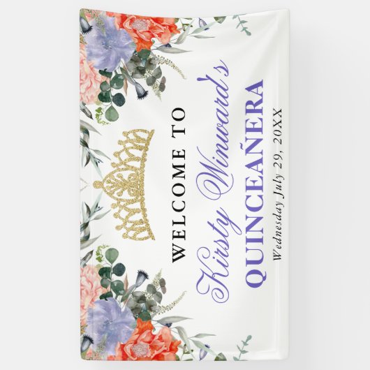 Paarse en Oranje bloemen Quinceanera Spandoek (Verticaal)