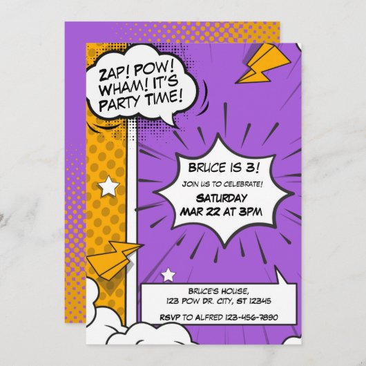 Paarse en Oranje stripuitnodiging Kaart (Voorkant / Achterkant)