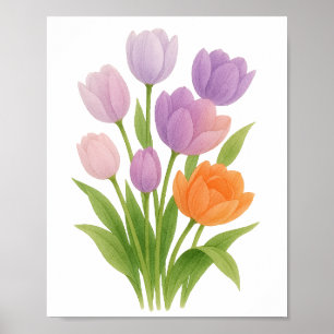 Paarse en oranje tulpen schilderij bloemschilderij poster