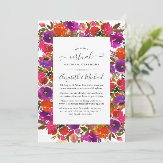Paarse en Oranje virtuele online bruiloft Kaart (Staand voorkant)