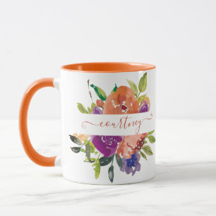 Paarse en oranje waterverf bloemstuk gepersonalise mok