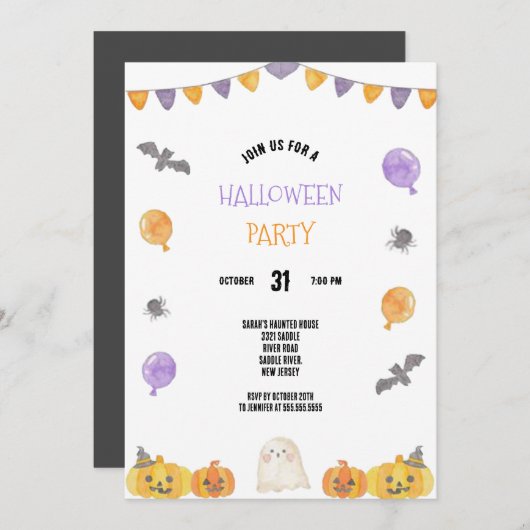 PAARSE EN ORANJE WATERVERF HALLOWEEN PARTY KAART (Voorkant / Achterkant)