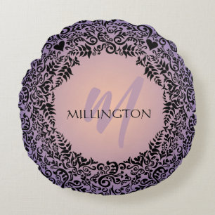 Paarse en Peach Damask Monogram Rond Kussen