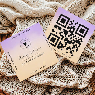 Paarse en perzige QR-code & Cute Logo Modern Vierkante Visitekaartje