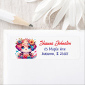 Paarse en rode anime puppy hond en bloemen etiket (Insitu)