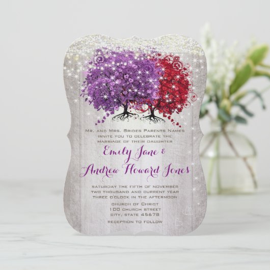 Paarse en Rode Hartblad Bosboom Bruiloft Kaart (Staand voorkant)