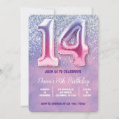 Paarse en roze 14e verjaardag ballon kaart (Voorkant)