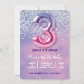 Paarse en roze 3e verjaardag ballon kaart (Voorkant)