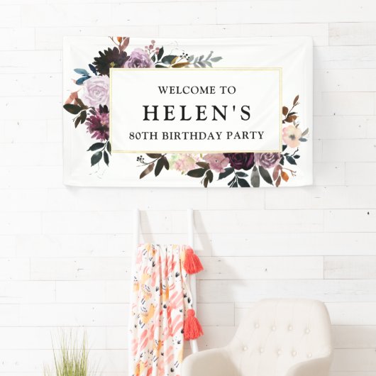 Paarse en Roze Bloemen 80ste Verjaardagsfeestje We Spandoek (Insitu)