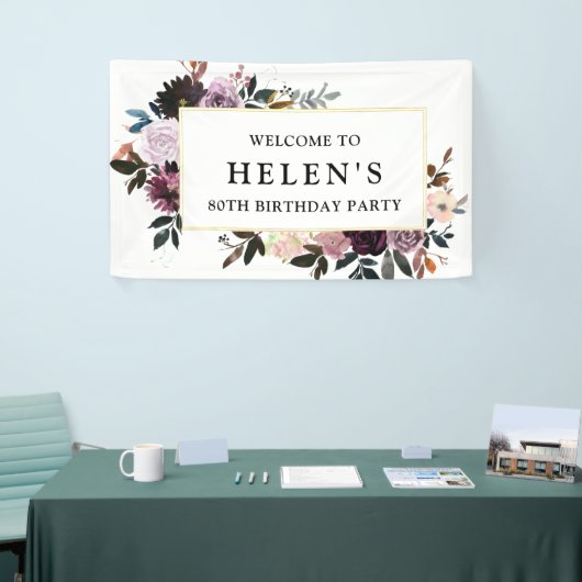 Paarse en Roze Bloemen 80ste Verjaardagsfeestje We Spandoek (Beurs)