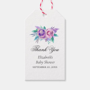 Paarse en roze bloemen. Baby shower dank u Cadeaulabel