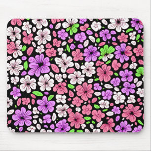 Paarse en Roze Bloemen en Bloemblaadjes Patroon Zw Muismat