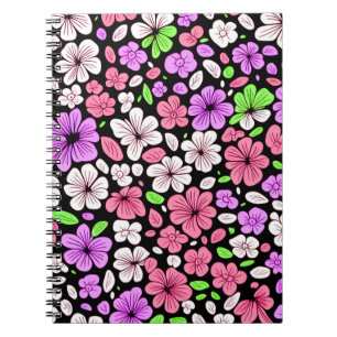 Paarse en Roze Bloemen en Bloemblaadjes Patroon Zw Notitieboek
