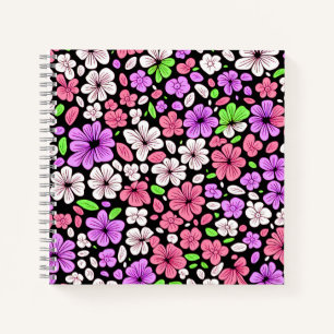 Paarse en Roze Bloemen en Bloemblaadjes Patroon Zw Notitieboek