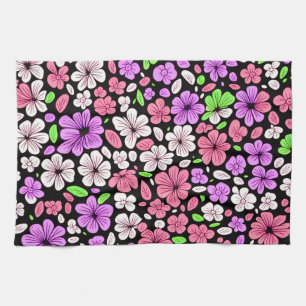 Paarse en Roze Bloemen en Bloemblaadjes Patroon Zw Theedoek