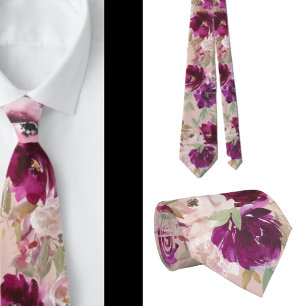 Paarse en roze bloemen lichtroze stropdas