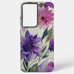 Paarse en roze bloemen met groene bladeren samsung galaxy hoesje
