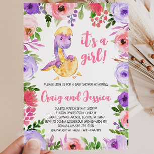 Paarse en Roze Bloemendinosaurus Baby Shower Kaart