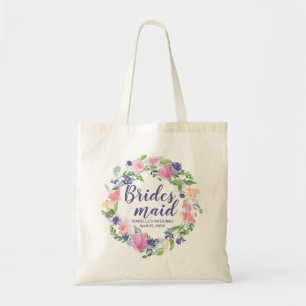 Paarse en roze bloemige gepersonaliseerde bruidsme tote bag