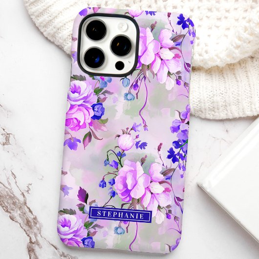 Paarse en Roze Custom Name Floral Case-Mate iPhone Case