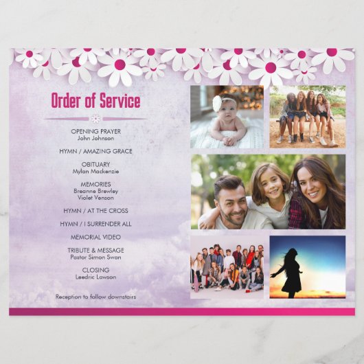 Paarse en roze Daisy begrafenisprogramma voor meis Flyer (Achterkant)